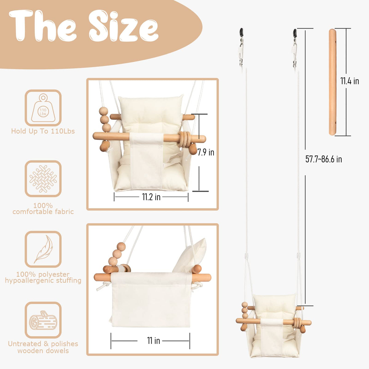 Tislly toddler swing with soft canvas cushion for comfy rides