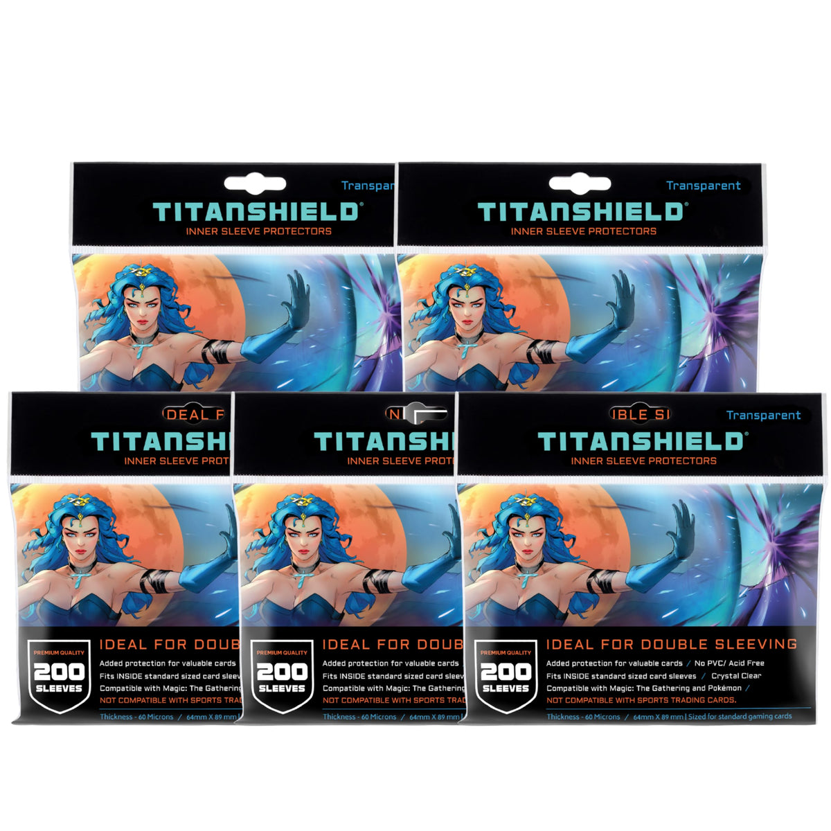 TitanShield clear inner sleeves for 64x89mm cards with crystal clarity.