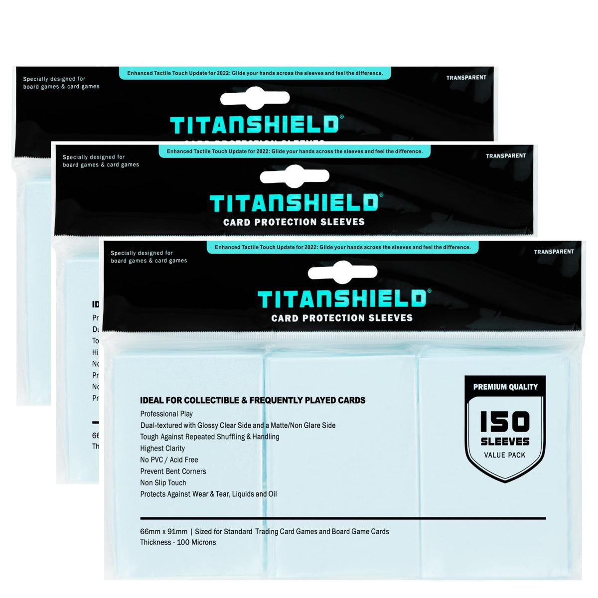 TitanShield Premium Sleeves front view with glossy surface for vibrant card visibility and smooth shuffling