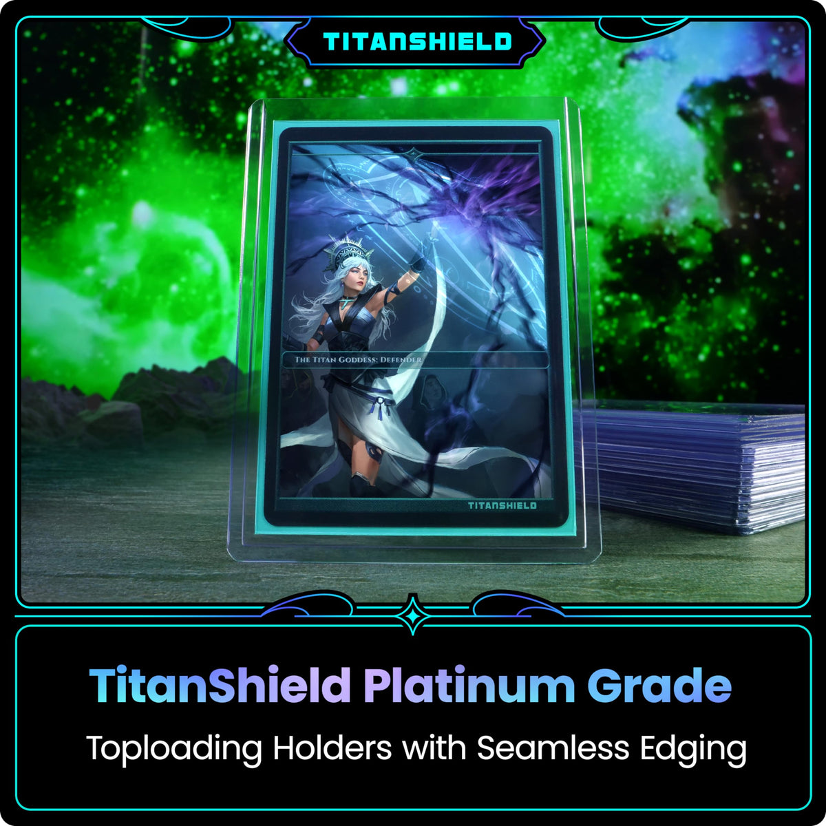 Close-up of TitanShield seamless-edge toploader highlighting sleek, professional appearance