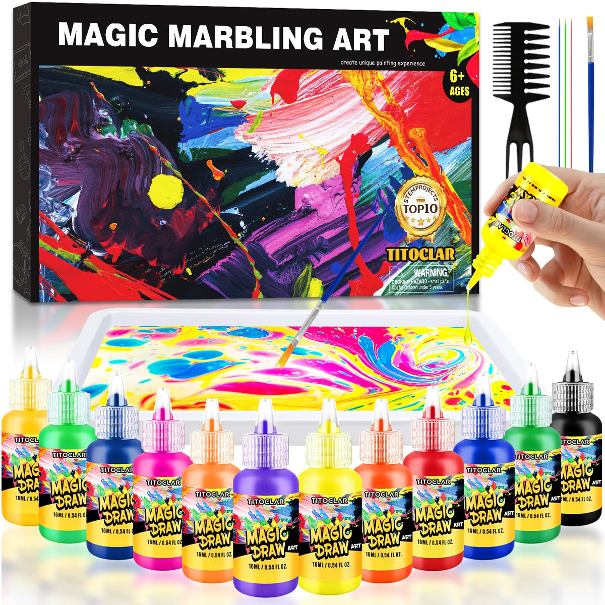 Titoclar Water Marbled Paint Kit with vibrant swirls for kid-friendly art.