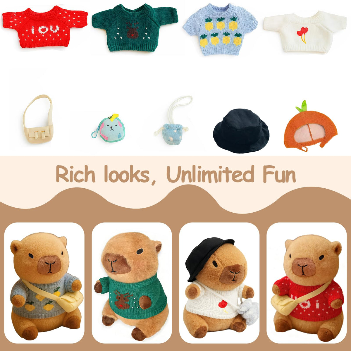 TITQWOP capybara plush outfits collection for creative dress-up play.