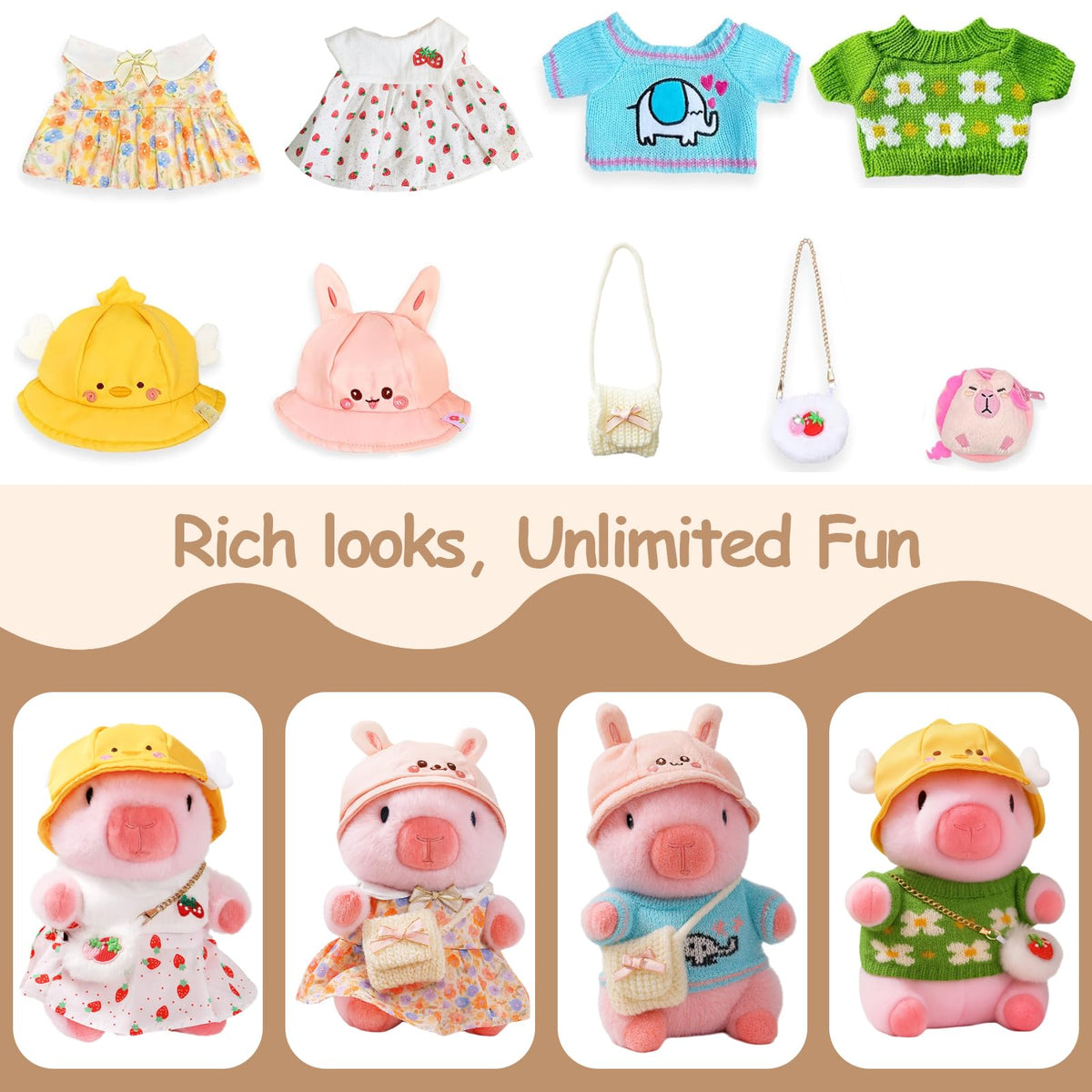TITQWOP Capybara Plush Toy showcasing four sweaters for mix-and-match outfits
