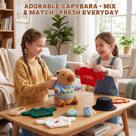 TITQWOP capybara plush with four sweaters and hats for mix-and-match looks.