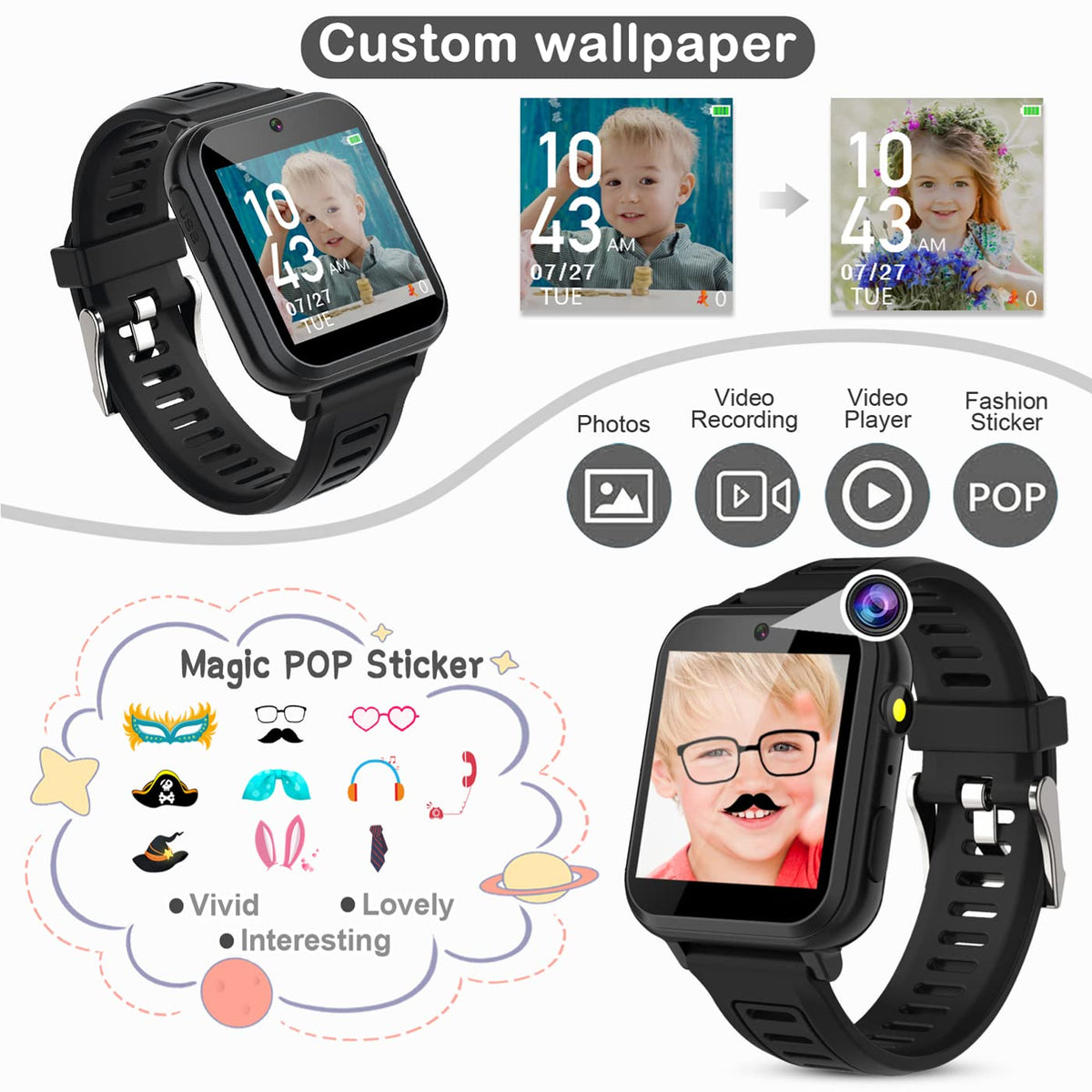 Tixpc Kids Smart Watch camera mode in action for playful photos.