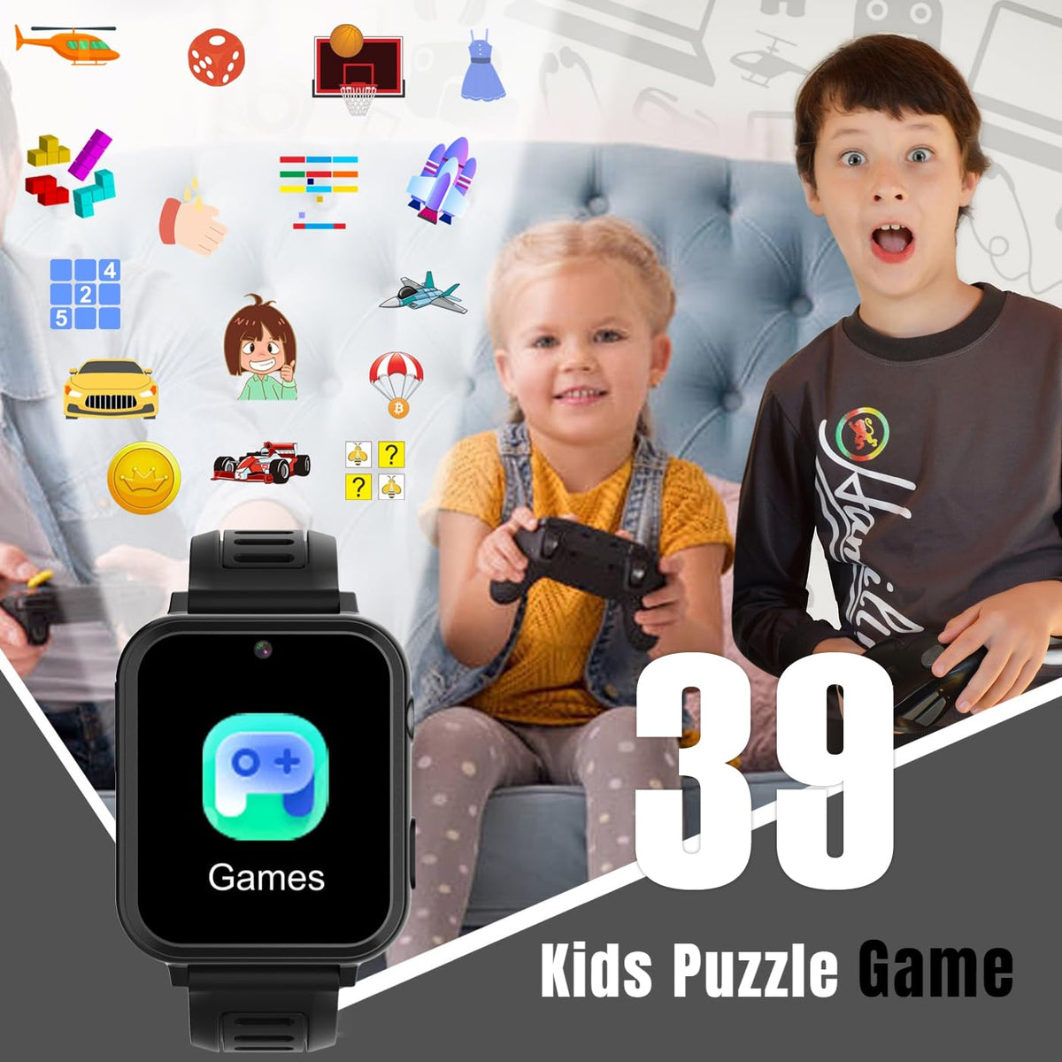 Tixpc Kids Smart Watch games menu with 39 puzzles to boost focus.