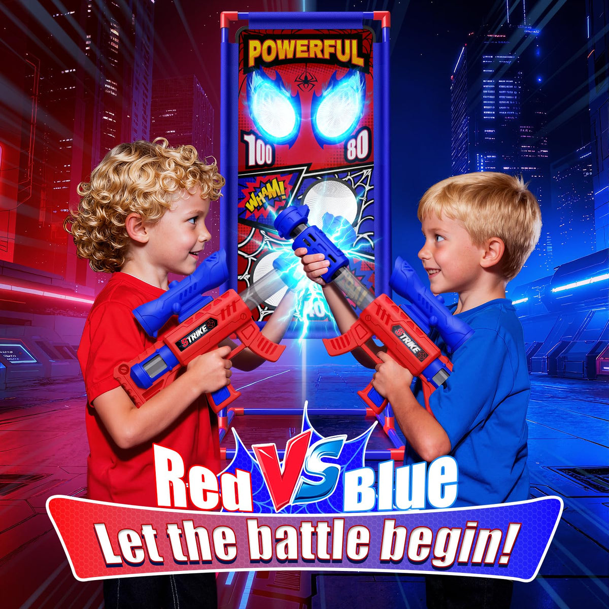 Tiyvnsi dual-blasters in bold red and blue enable quick, competitive play