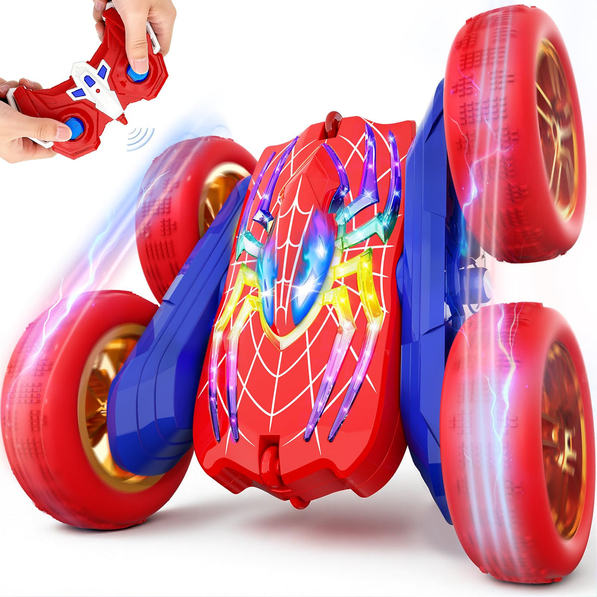 Tiyvnsi 360Flip RC Car with glowing eyes lights up nighttime play and action.