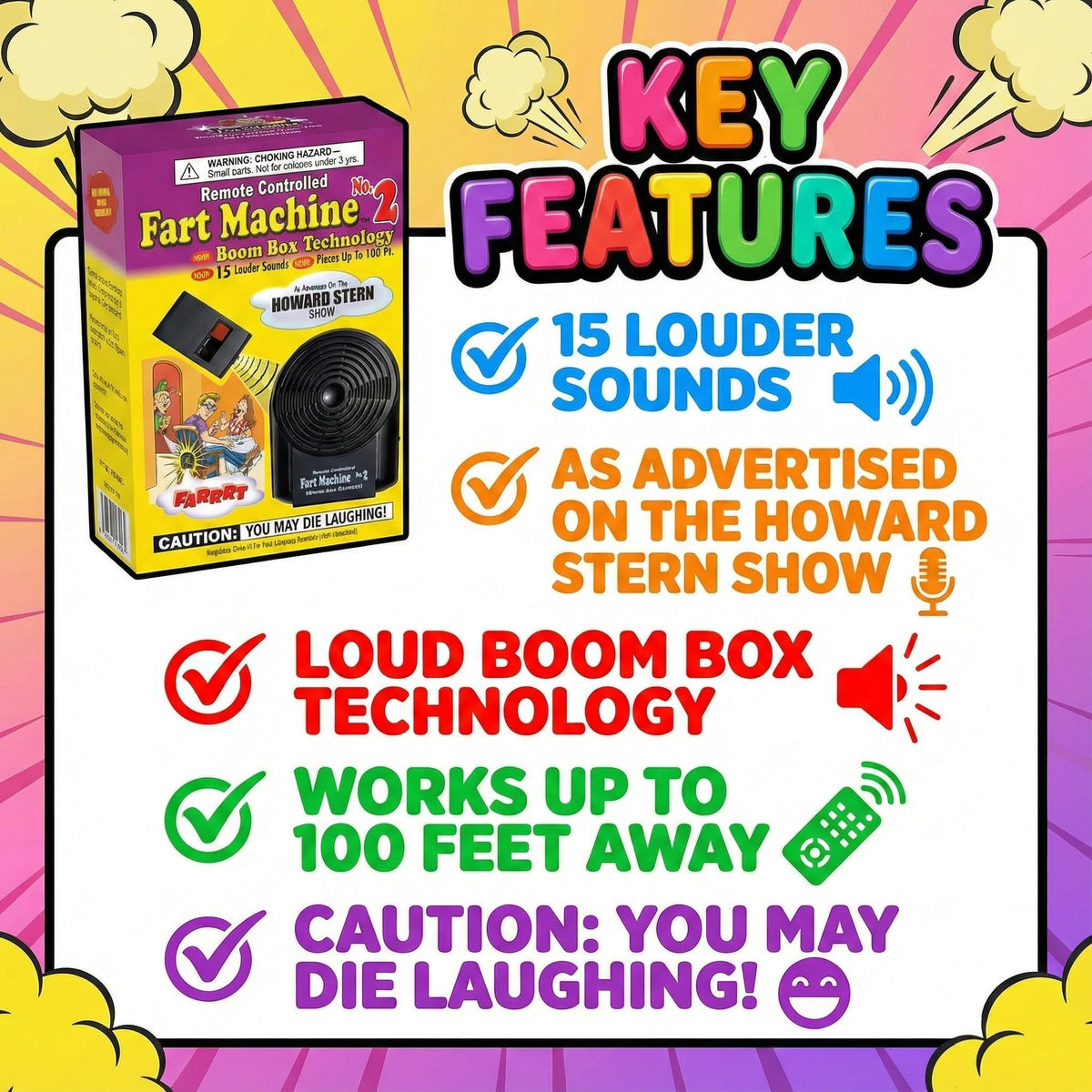 T.J. Wisemen, Inc. Fart Machine #2 offers 100-foot wireless range for flexible placement.