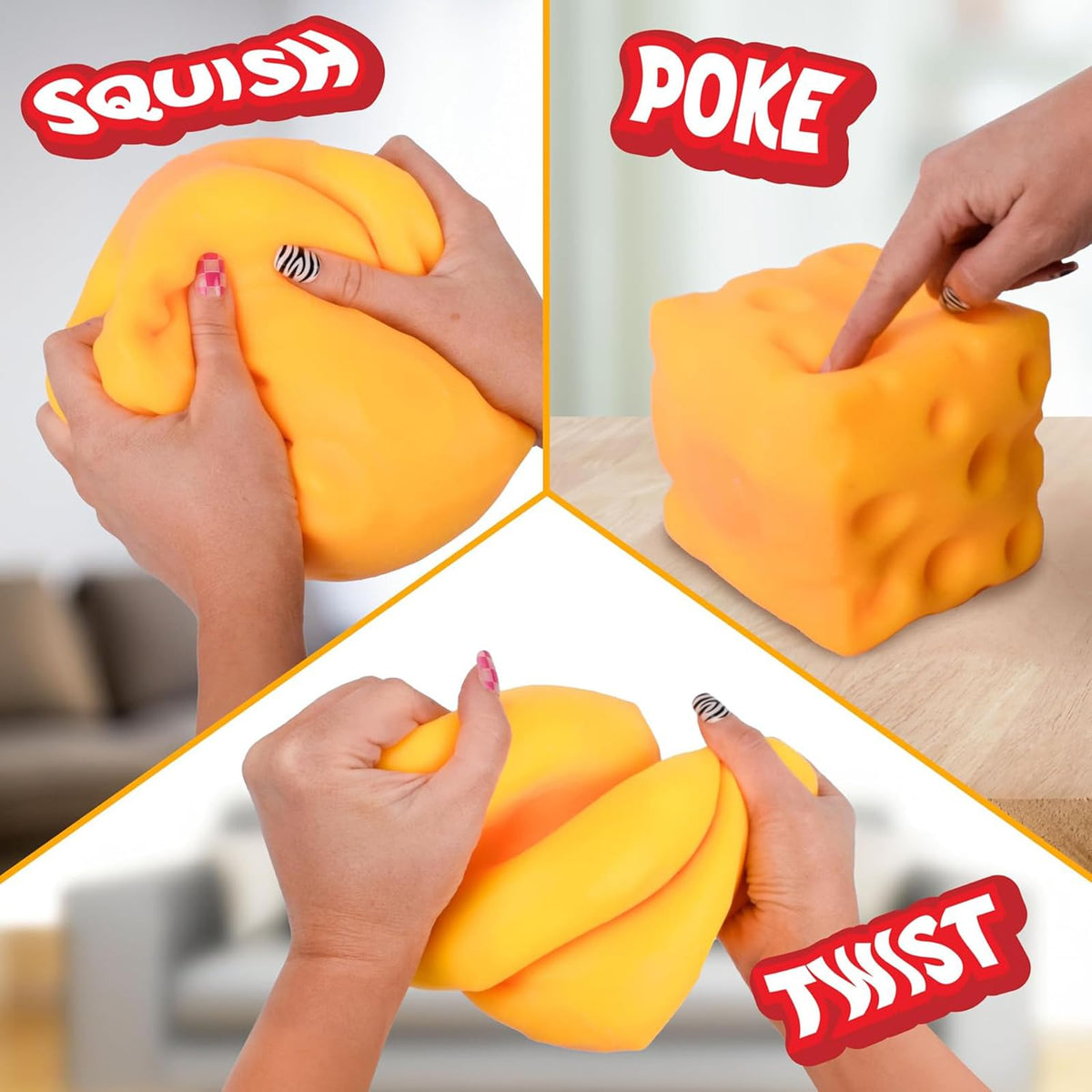 TLM Cheese Squishy on desk display showcases decorative cheese block design