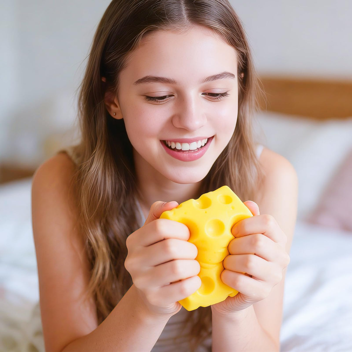 TLM Cheese Squishy in a hand suggesting portable, desk-friendly use