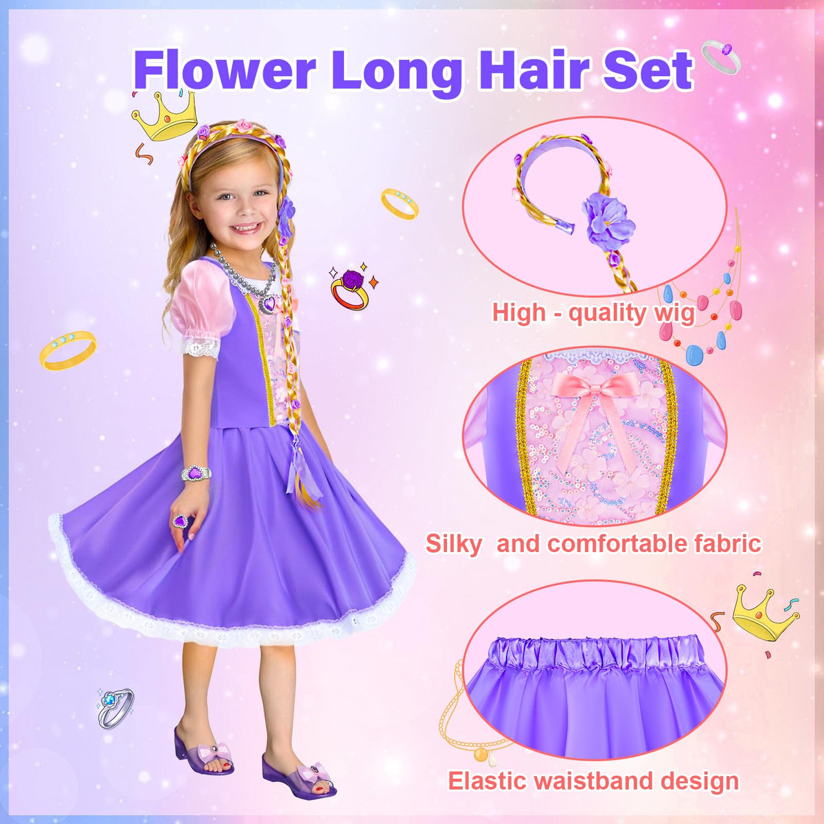 Tlooe princess dress Beauty Rose skirt with elastic waist for growing kids.