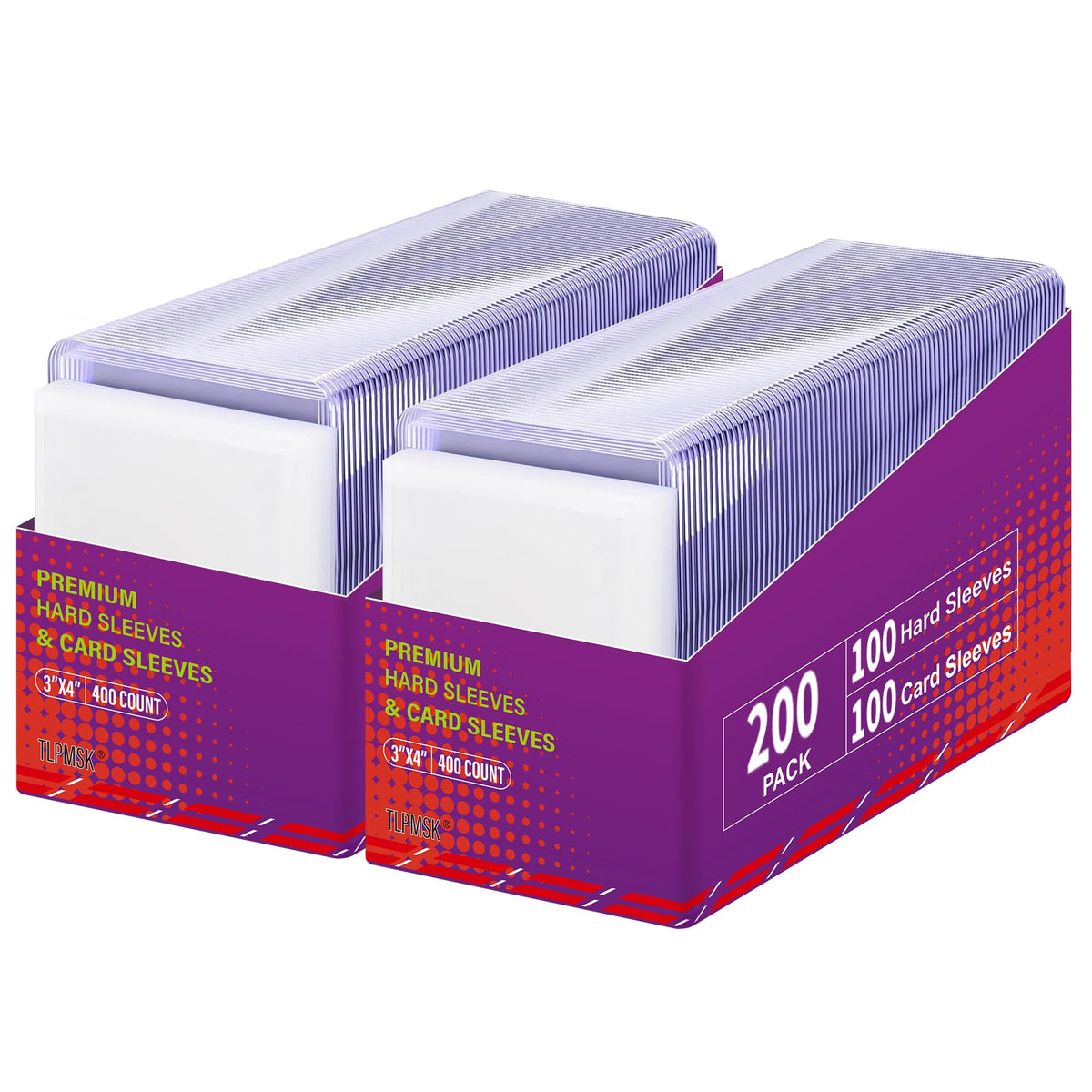 Tlpmsk 400-pack card sleeves, hard and soft, boxed for safe transport.