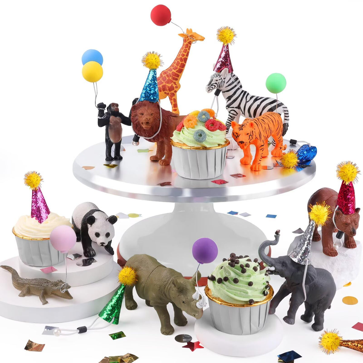 TMKEFFC 26-piece jungle animal figurines as eye-catching cake toppers for celebrations.