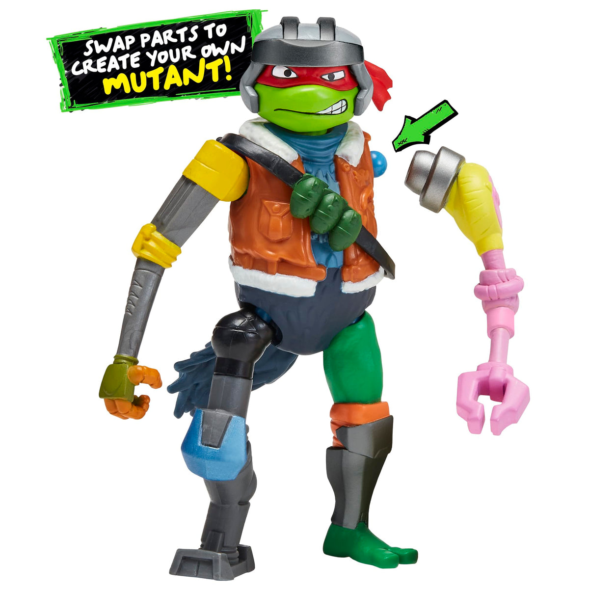 TMNT Armored Michelangelo figure ready for action with limb-swapping play possibilities.