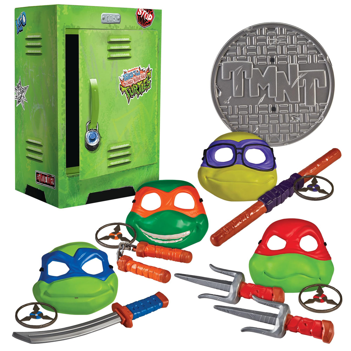 TMNT roleplay locker front view with masks and gear for pretend play