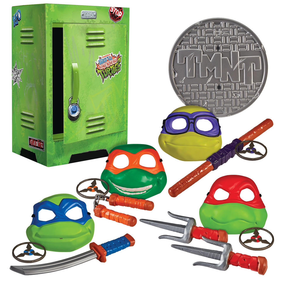 TMNT roleplay locker front view with masks and gear for pretend play
