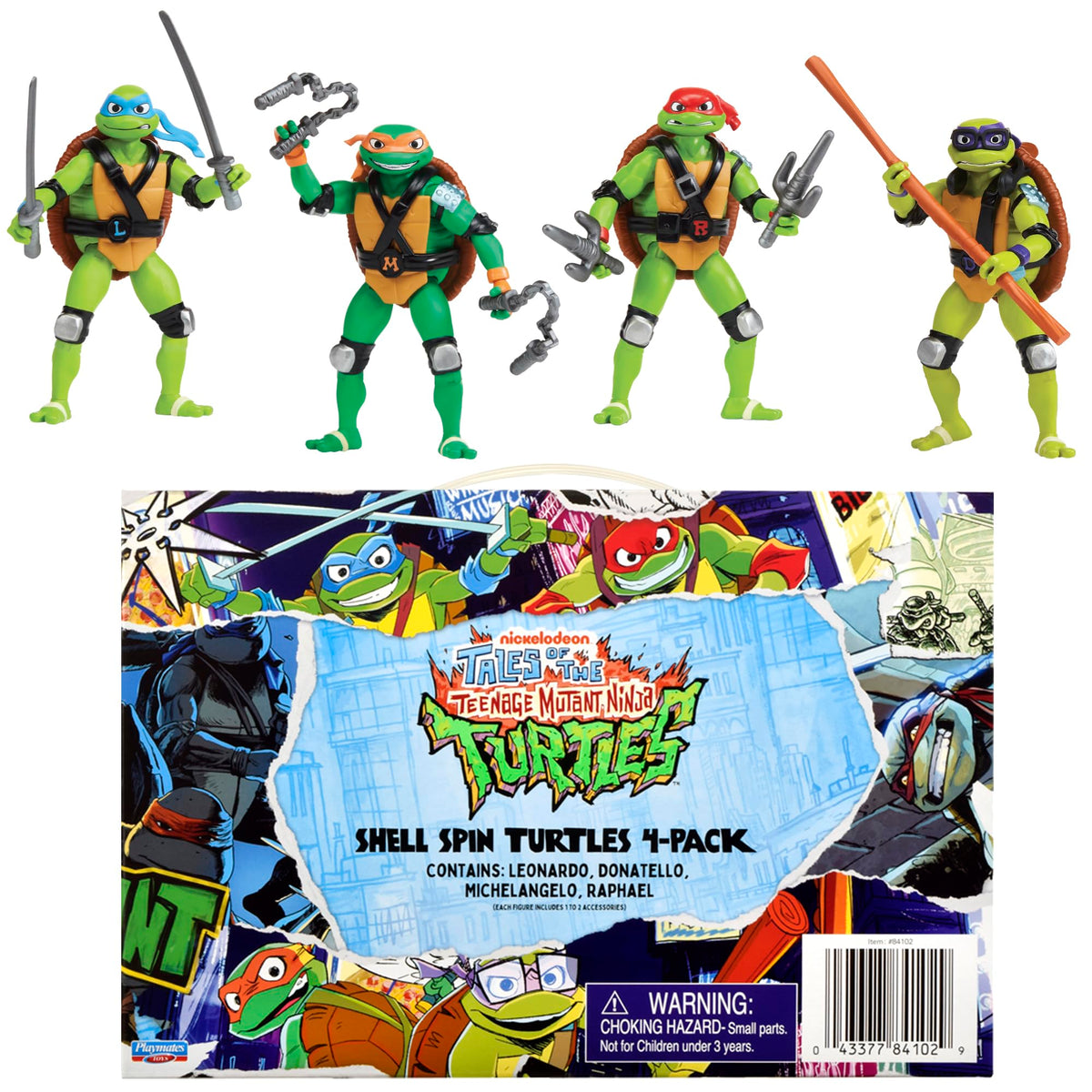 TMNT Shell Spin four-figure bundle posed for display and storytelling