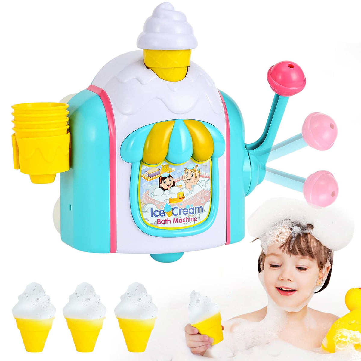 TNOIE ice cream bubble bath toy with suction cups for easy tub attachment and mess-free play.