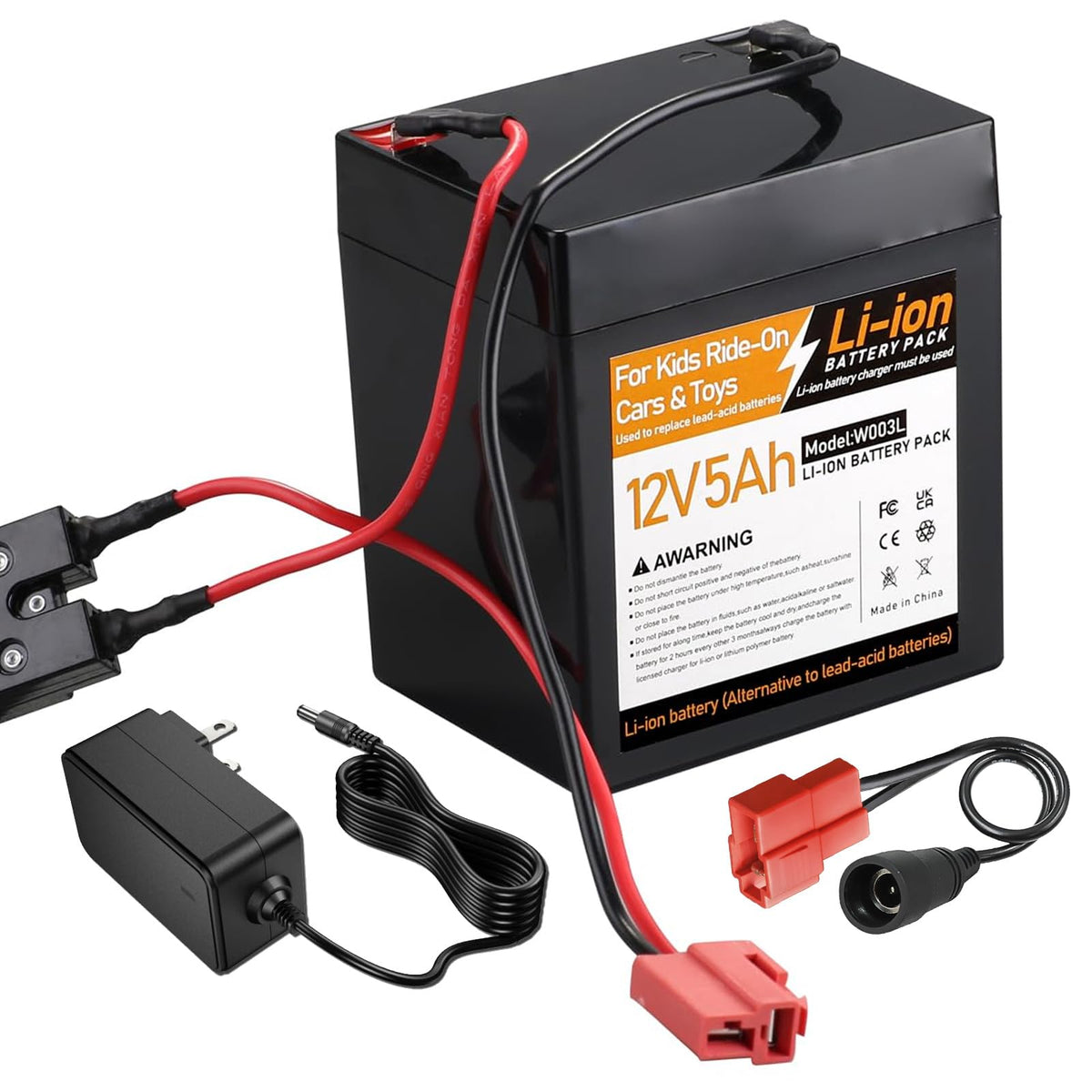 Tnvodejo 12V 5Ah Li-ion battery front view for ride-on car, strong power