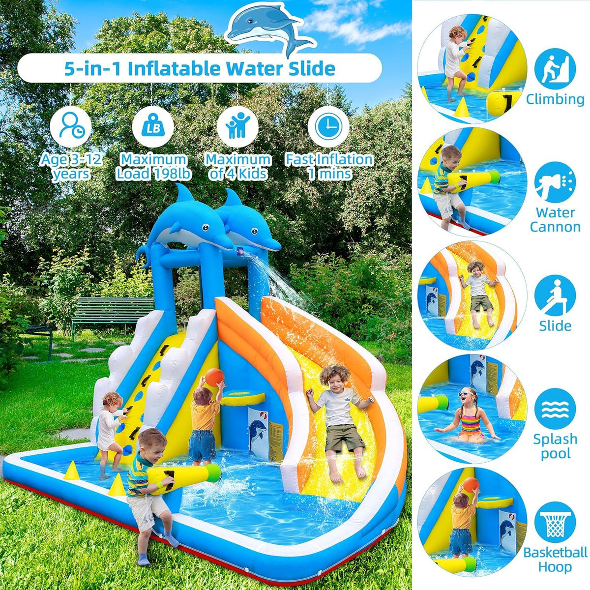 TOAOB water slide climbing wall view, side shot showcasing adventure-ready equipment for active play.