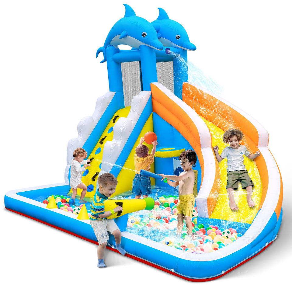 TOAOB inflatable water slide with dolphin design, front view for outdoor backyard fun.