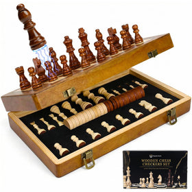 Tobaisaa 15-inch wooden chess set with foldable magnetic board for portable play