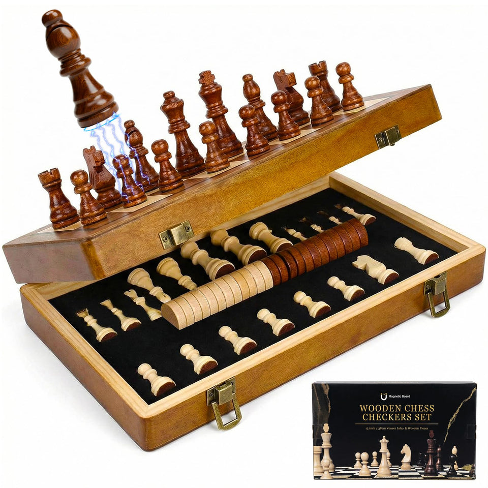 Tobaisaa 15-inch wooden chess set with foldable magnetic board for portable play