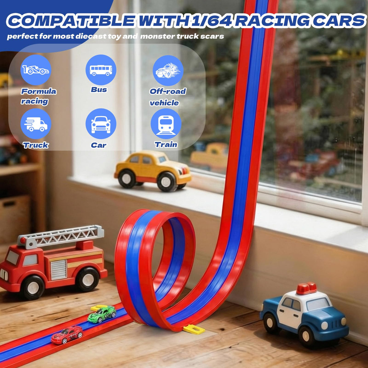 Tobaisaa 1/64-scale diecast cars racing on the track.