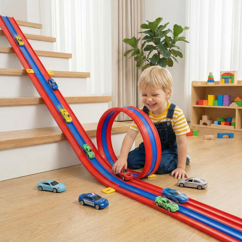 Tobaisaa flexible 3-lane race track setup for side-by-side play.