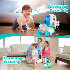 ToddlerCley crawling and walking puppy toy encouraging movement and chasing fun.