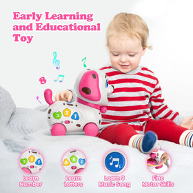ToddlerCley 4-in-1 Musical Puppy Toy feeding coins close-up for dexterity practice