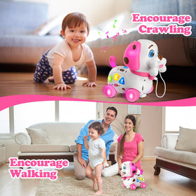ToddlerCley 4-in-1 Musical Puppy Toy side view showing fruit coins feeding interaction