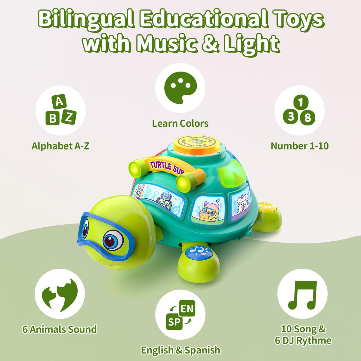 ToddlerCley Musical Turtle demonstrates crawling movement and motion for motor skills.