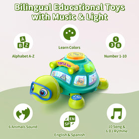 ToddlerCley Musical Turtle demonstrates crawling movement and motion for motor skills.
