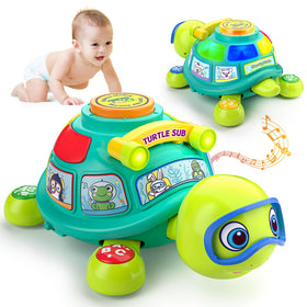 ToddlerCley Musical Turtle front view with bright lights aiding focus and early crawling.