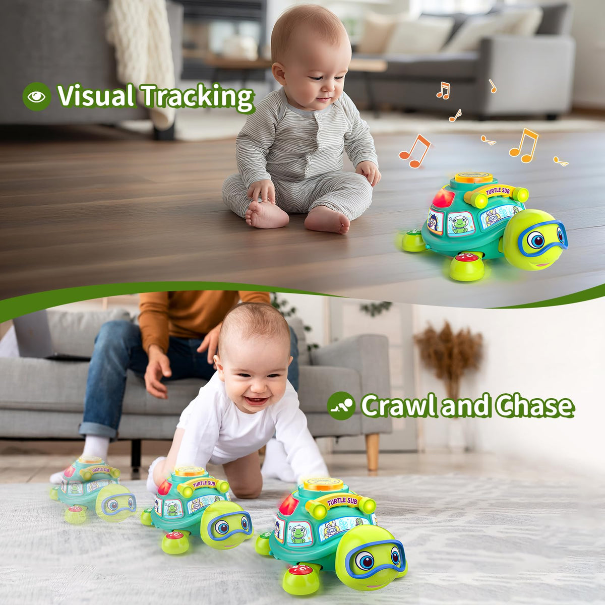 ToddlerCley Musical Turtle glowing shell encourages baby’s eye-tracking during play.
