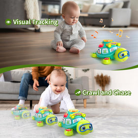 ToddlerCley Musical Turtle glowing shell encourages baby’s eye-tracking during play.