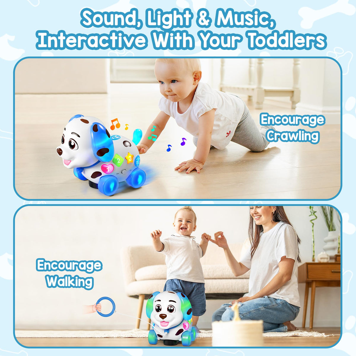 ToddlerCley pull-along puppy toy encourages crawling and walking exploration