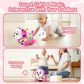 ToddlerCley puppy-wheels in motion encourages crawling and active play.