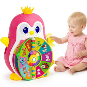 ToddlerCley penguin toy front view with colorful buttons and lights for early learning.