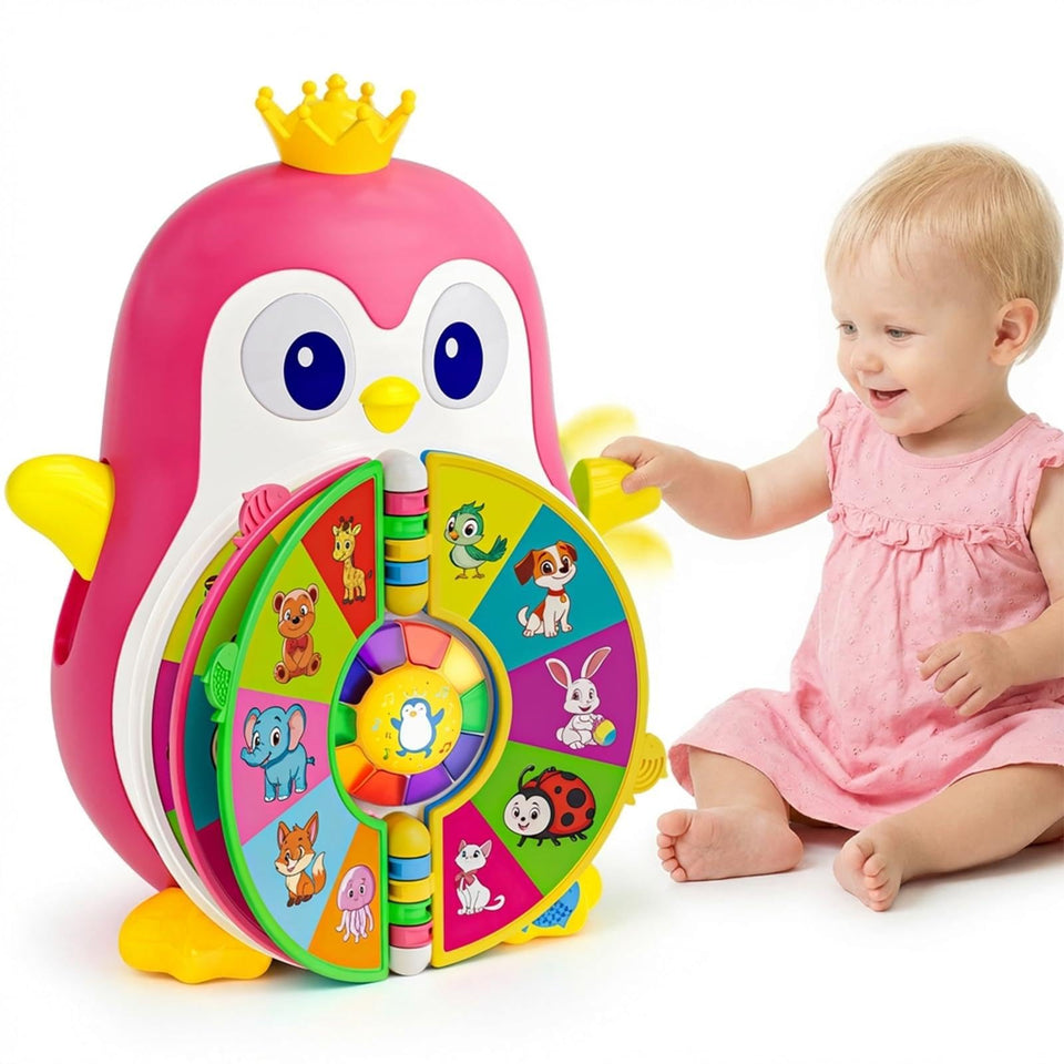 ToddlerCley penguin toy front view with colorful buttons and lights for early learning.