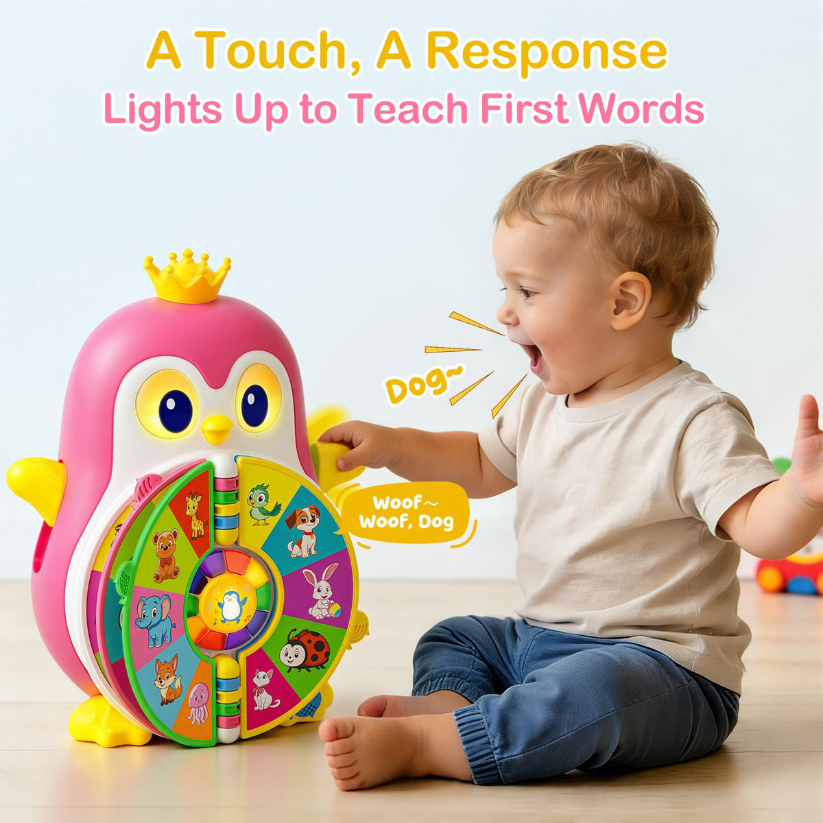 ToddlerCley penguin toy wing pull activates lights and sounds to promote fine motor skills.