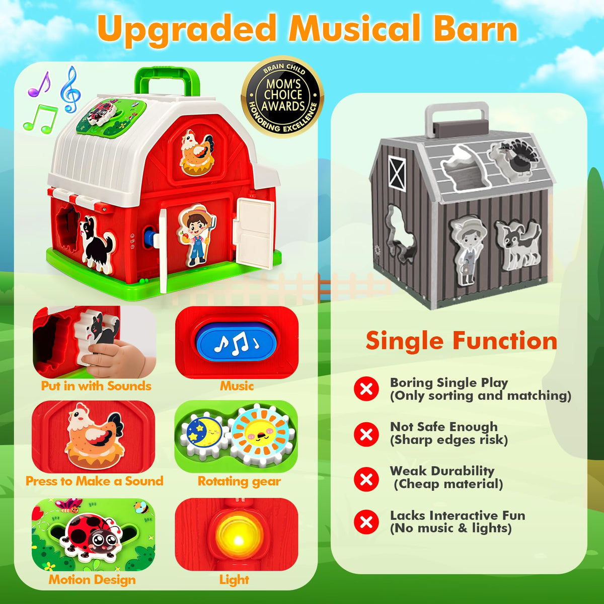Toidgy interactive barn lights and music engage early learners during playtime.