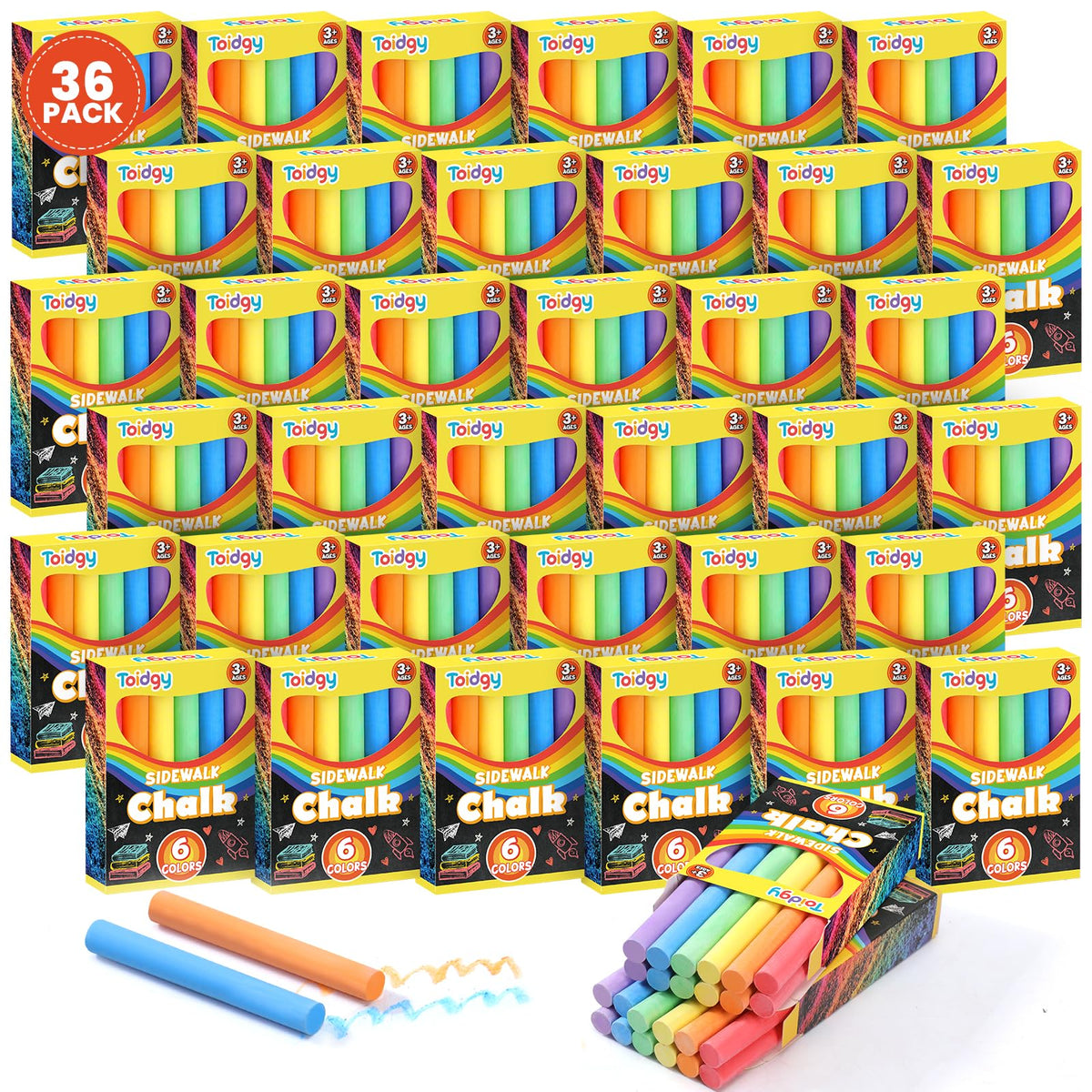 Toidgy mini chalk set box front, vibrant colors for outdoor art play