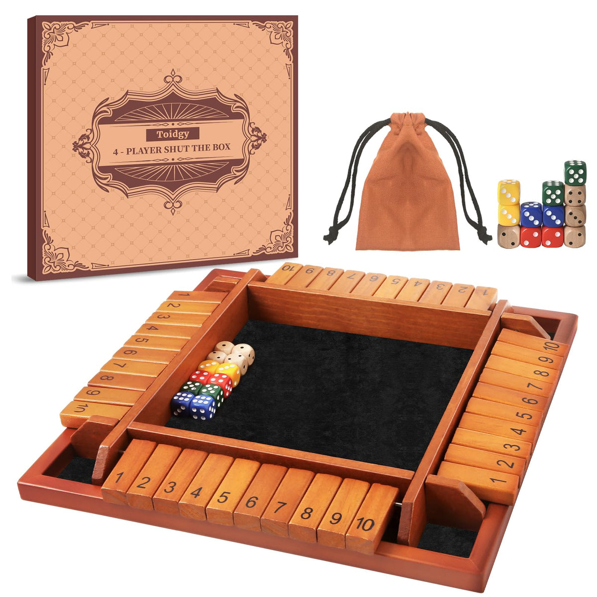 Toidgy Shut The Box board game setup with dice and tiles for family play.