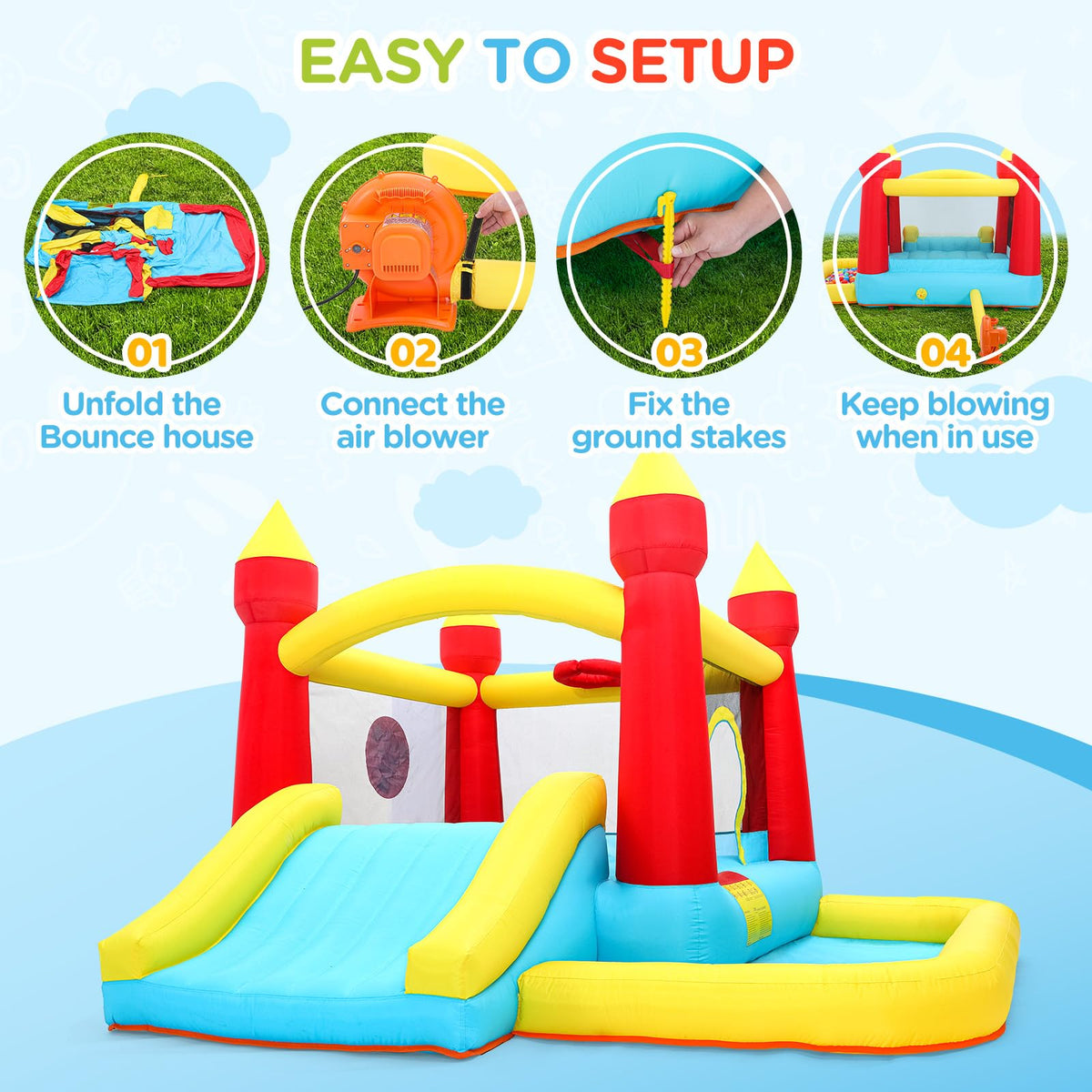Toiyjofe bounce house includes blower for quick inflation