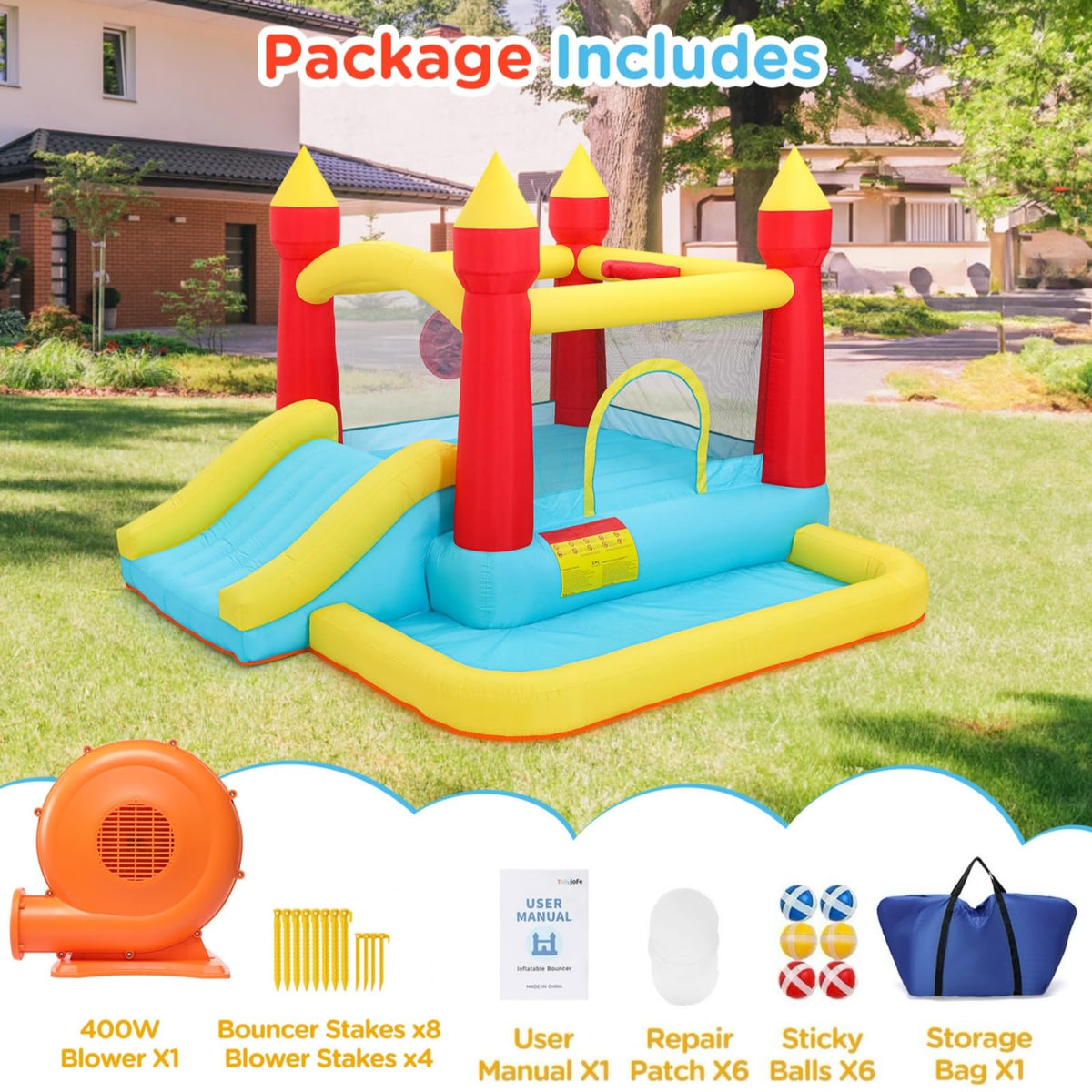 Toiyjofe ground stakes securing outdoor inflatable