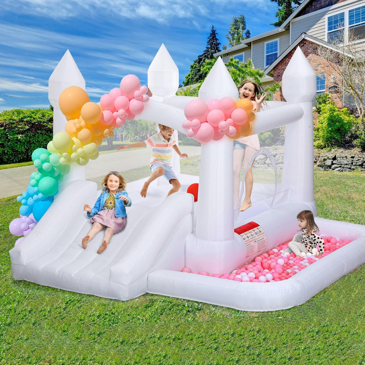 Toiyjofe white bounce house front view showing spacious play area for kids