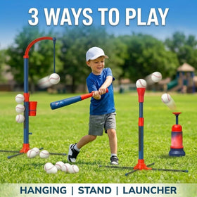 TomLeOn baseball set with hanging tee enabling adjustable-height batting